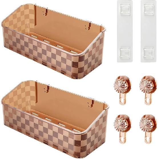 2 Pack Suction Cup Shower Caddy Wall Mount Bathroom Organizers and Storage, Plastic Shower Caddy Adhesive Shower Organizer for Wall, Clear