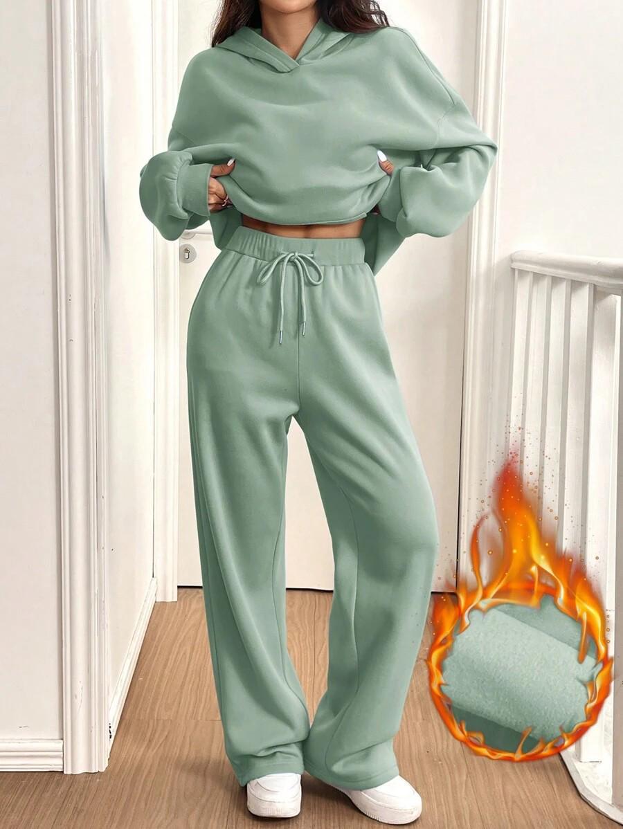 

Европейско-американский женский спортивный костюм из 2 предметов: теплая толстовка с подкладкой и повседневные брюки, осенне-зимний комплект XL