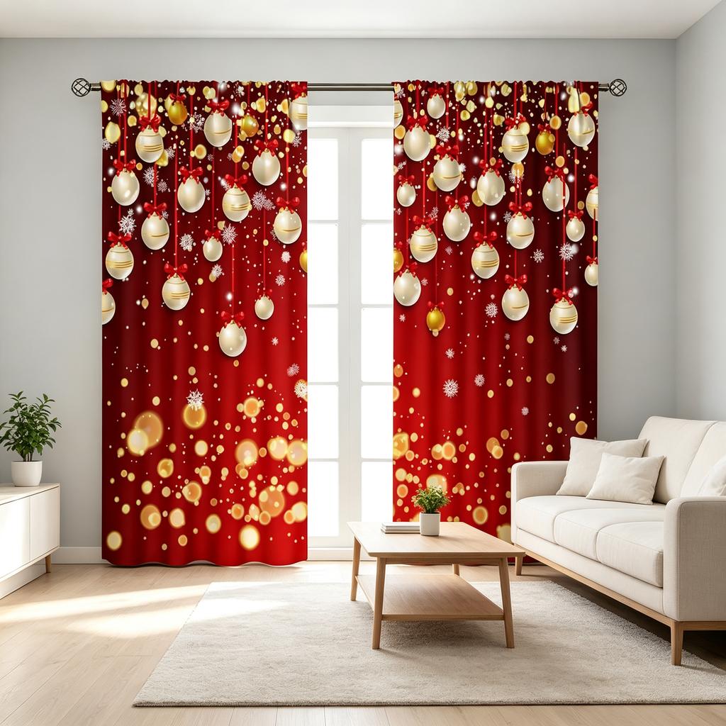 2PCS Digital Print Curtains, Red Golden Christmas Baubles Bows Snowflakes, Festive Holiday for Living Room Bedroom Decor