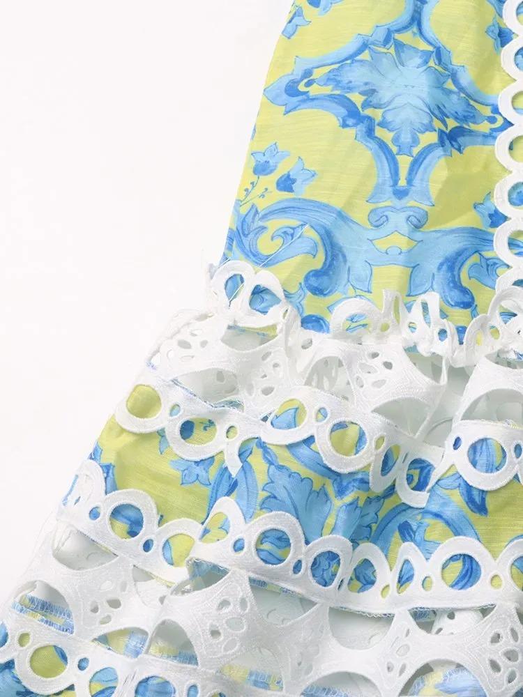 Hit Color Hollow Out Printing Mini Dresses Lapel Long Sleeve High Waist Patchwork Lace Up Dress