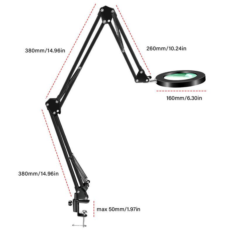 Dreistufig faltbare Lupe mit Licht und Klemme 3 Farbmodi Stufenlos dimmbar Flexibler Schwenkarm 72 LED Schreibtischlampe