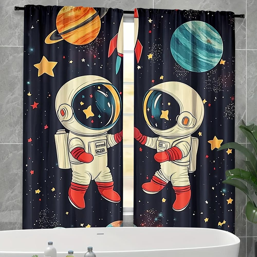 2Pcs Space Astronauts Blackout Curtains, Rod Pocket Polyester Panels, Hd Digital Print, Semi-Sheer Contemporary Design, Machine