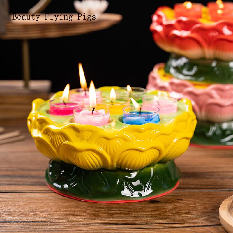 1PCS Ceramic Lotus Candlestick Household Buddha Seven Star Butter Lamp Holder Buddha Utensils