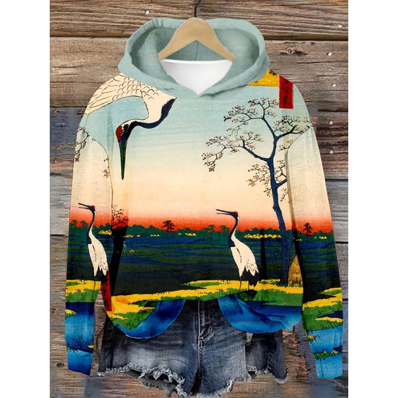 Japan Elegant Crane Moonlight Art Print Long Sleeve Hoodie Loose Women's Hoodie