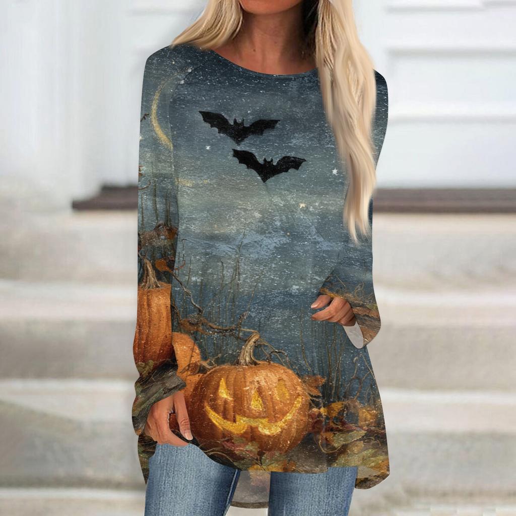Women's Halloween Printed Long Sleeve Round Neck T-Shirt Mid-Length Casual Top