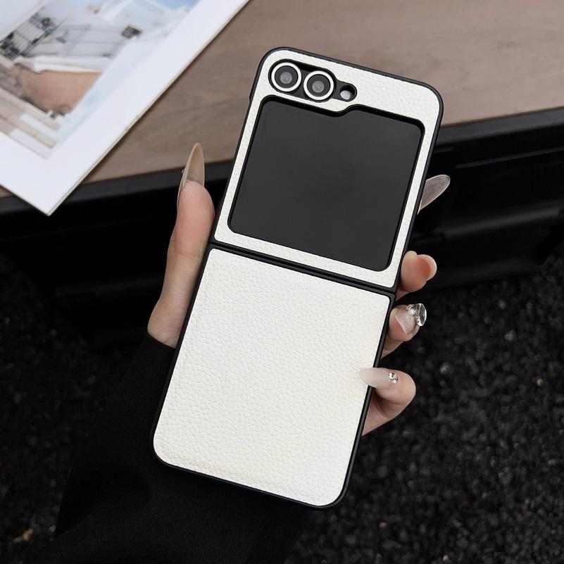 Plain Leather Lychee Patterned Case For Samsung Z Flip 7 flip7 Flip 6 Galaxy Z Flip 6 5 4 3 Camera protect Cover