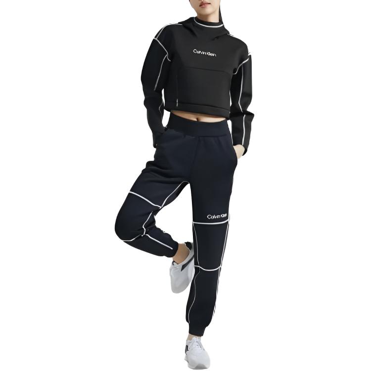 Calvin Klein Reflective Stripe Letter Print Hooded Pullover Sweatshirt Women Tops Space-Black 4WF3W325-001