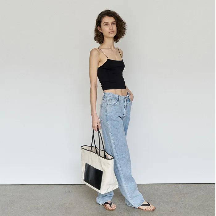 Leather Strap Canvas Bag - Black
