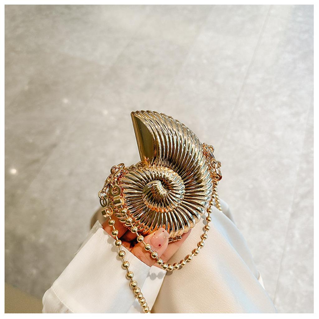 Small Conch Shape Shoulder Bag with Metal Chain Strap Shining Metallic Crossbody Purse Lipstick Storage Evening Handbag
