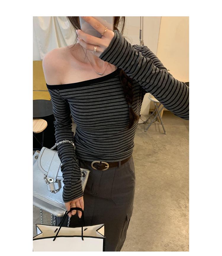 Chic Gray Striped One-Shoulder Long-Sleeve T-Shirt - Women's Autumn Korean Style Slim Fit Off-Shoulder Top