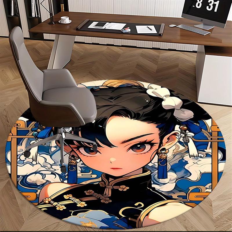 1pc Anime Design Round Carpet Traditional Chinese Style Chair Mat for Office, Home Decor, Living Room, Bedroom
