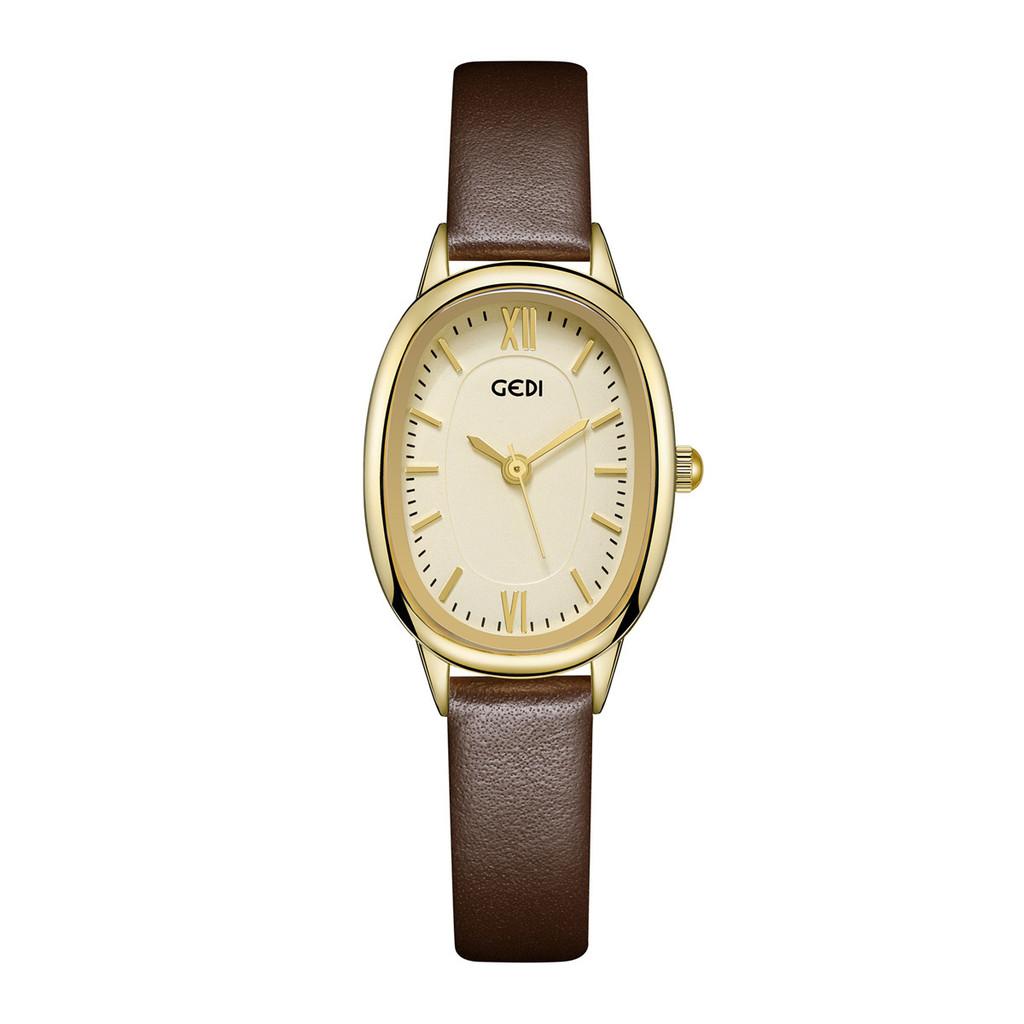 Womens Retro Oval Quartz Watch With Leather Strap For Elegant Dress