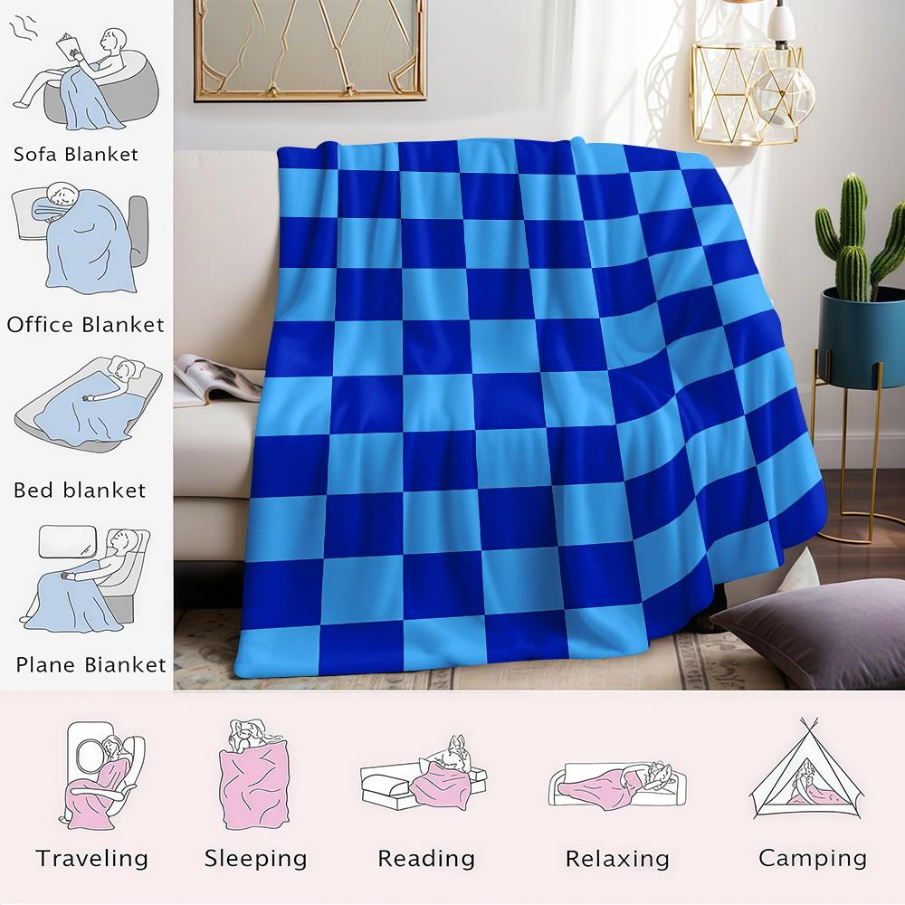 Dual Blue Check Flannel Blanket Warm Soft Halloween Christmas Couch Warm Cozy Decorative Decor Gift For All Season