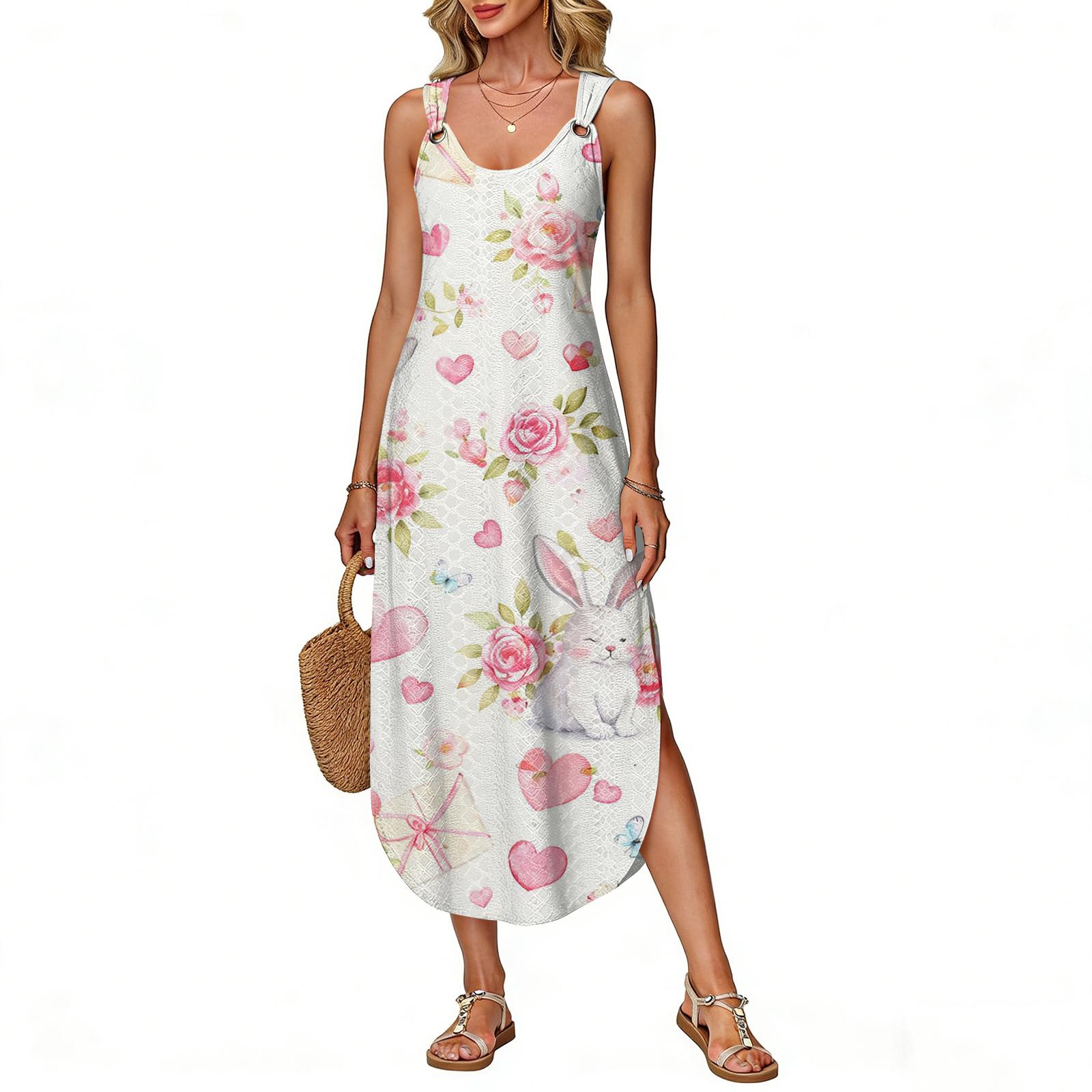 

Women s Summer Long Dress, Sleeveless With Side Slit, Long Easter Printed Vest Dress XL білий