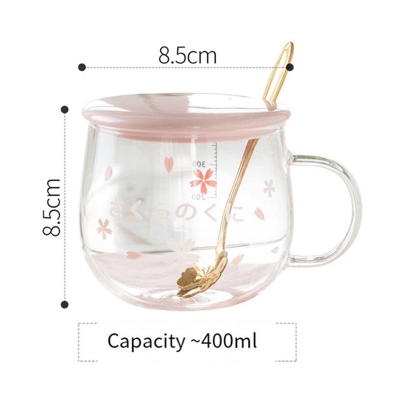 Tazza da caffè in vetro Sakura creativa da 400 ml, carina, trasparente, resistente al calore, tazza d'acqua con manico, coperchio, cucchiaino