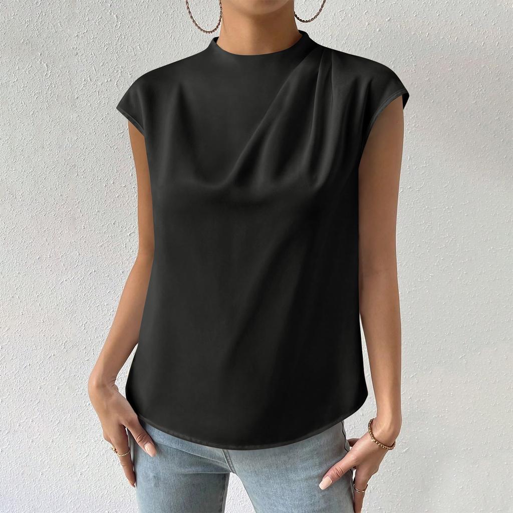 Women's Casual Elegant Satin Pleated Round Neck Shirt Solid Color Pullover Sleeveless Formal Work Shirt Top