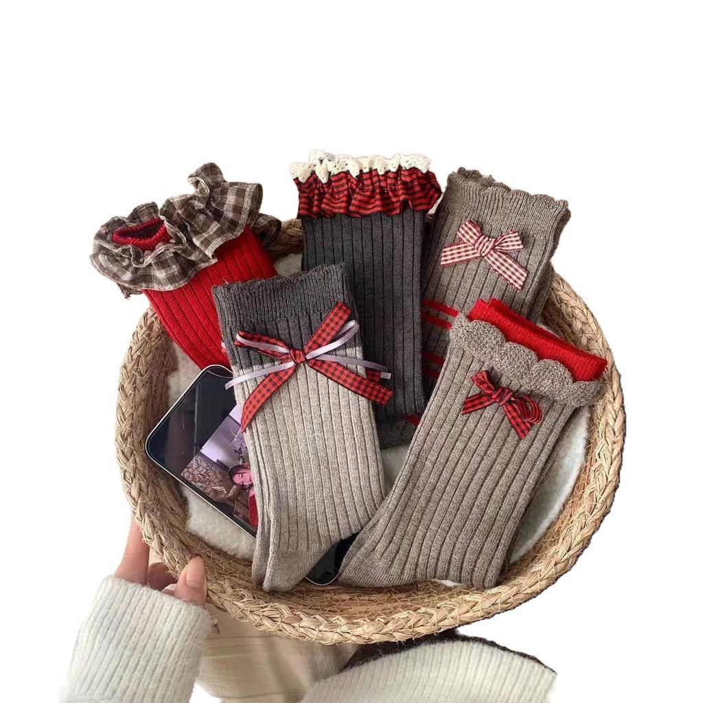 Bow Wool Socks Children Keep Warm In Autumn And Winter New Year'S Birth Year Red Boneless Stacking Socks Versatile Outer Cotton Socks