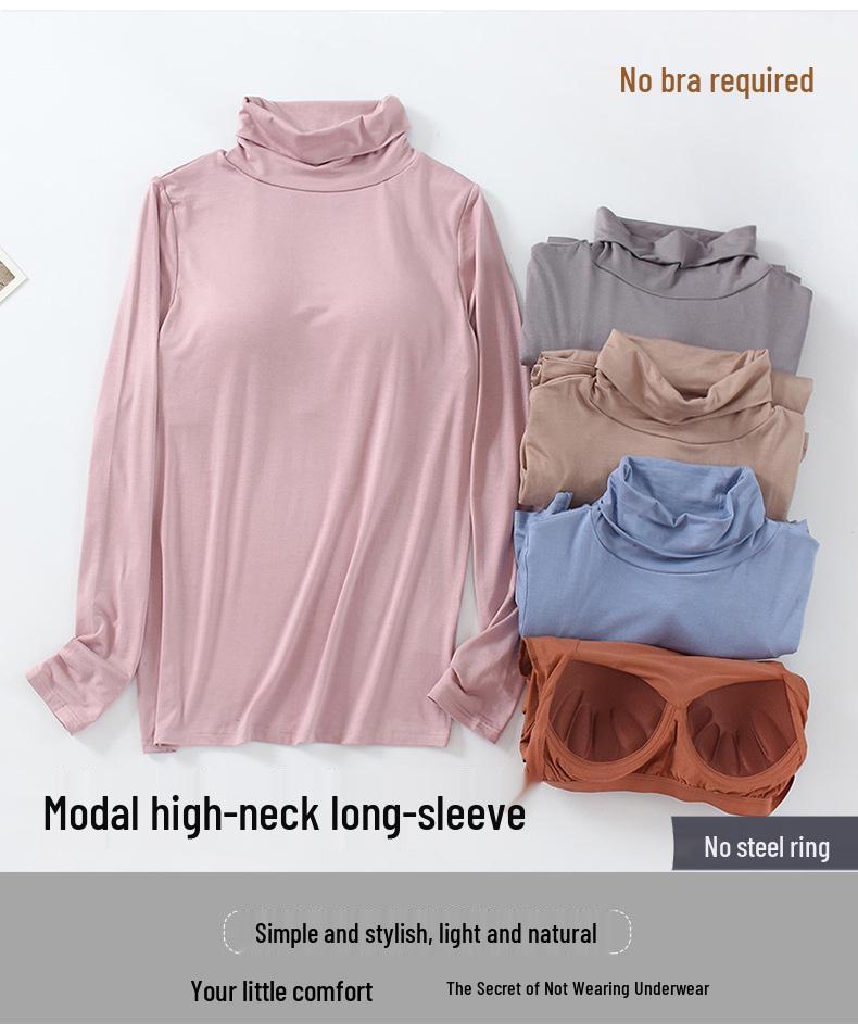 Modal Padded High Neck Long Sleeve Slimming T-Shirt with Built-in Bra for Women - Autumn/Spring.