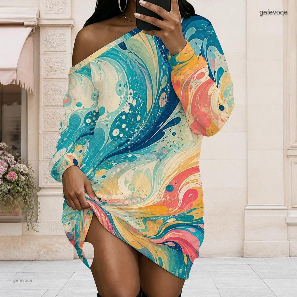 Women Plus Size One Shoulder Long Sleeve Abstract Gradient Print Black Pink Dress