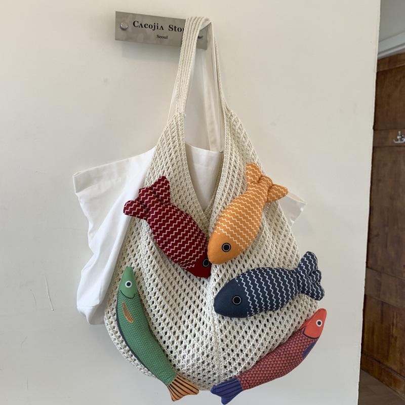 Yogodlns New Fish Cute Crochet Tote Bag Large Capacity Casual Woven Shoulder Bag Multicolor Handmade Knitted Bag