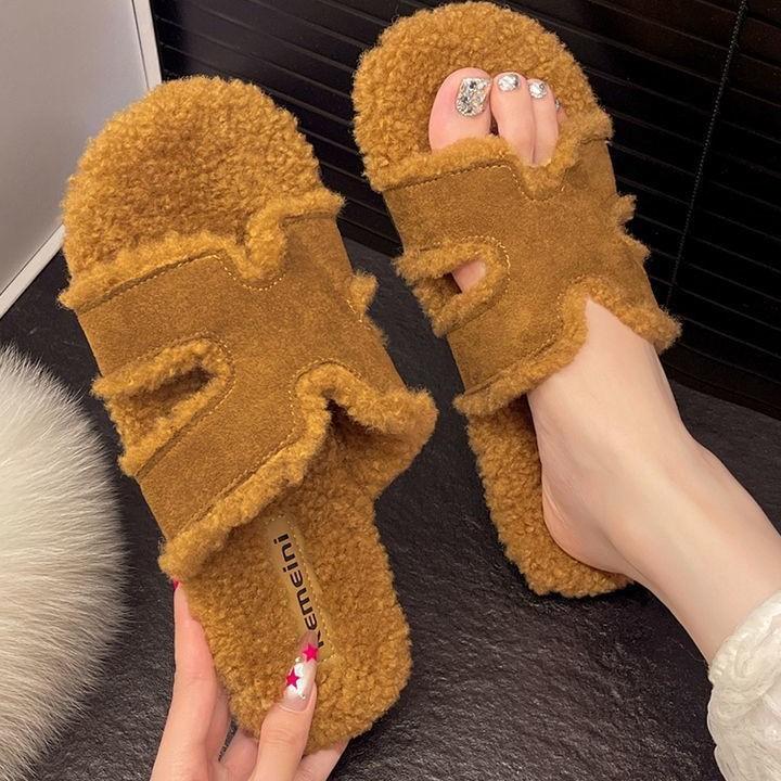 Mao Mao slippers women's outer wear 2025 autumn and winter new plush flat-bottomed casual versatile non-slip one-word drag shoes