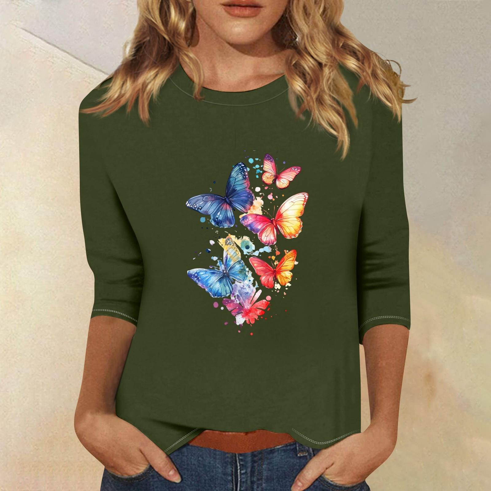 3/4 рукава топы для женщин футболка повседневные принты топы футболка круглый вырез пуловер блузка S