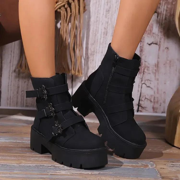 

Новые сапоги с металлическим украшением в виде летучей мыши, женские короткие сапоги с толстой подошвой, готические туфли с пряжкой на ремне, на высоком каблуке, осенняя обувь, новинка 40 чёрный
