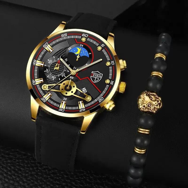 DEYROS Fashion Mens Sports Wristwatches Luxury Leather Quartz Calendar Watches For Men Business Casual Watches Reloj Hombre