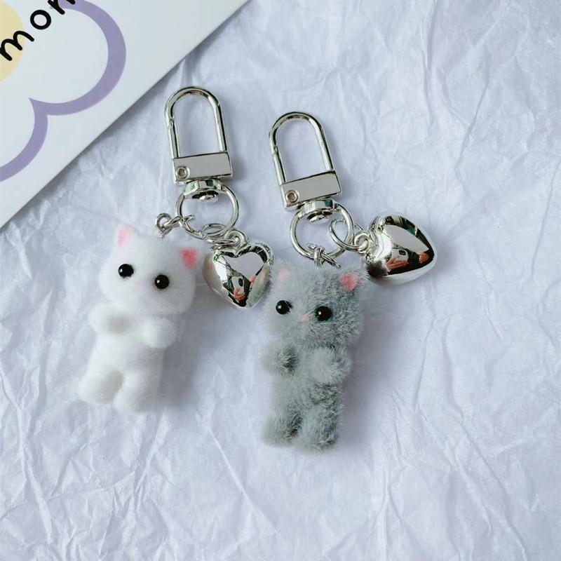 Flocking Cat Pendant Keychain Kitten Heart Shaped Key Ring Jewelry Earphone Charms Bag Decors Car Keys Holder For Couple Gift