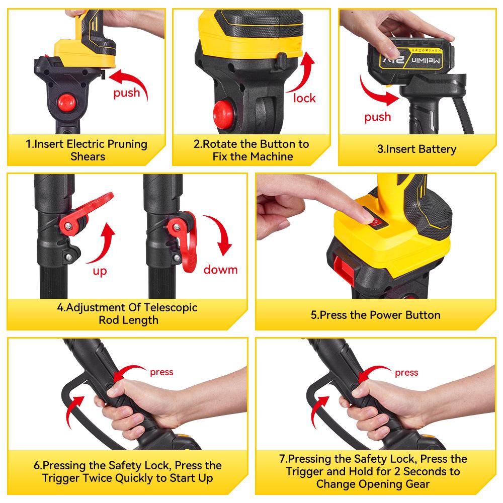 MELLWIN 2IN1 Brushless Electric Pole Pruner Shear With 180CM Telescoping Pole Garden Pruner Shear Tool For Makita 18VBattery Pin