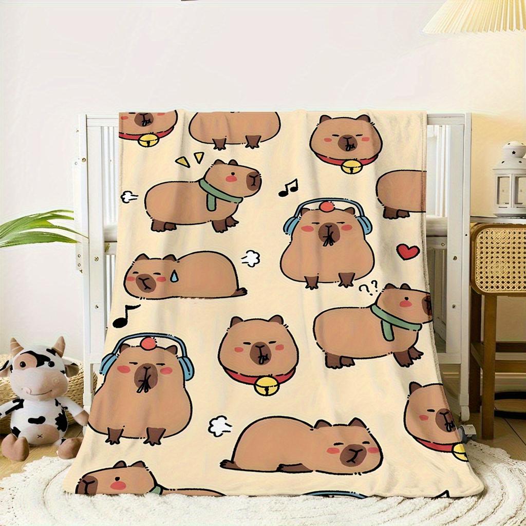 1 Cute Music Listening Capybara Flannel Blanket - Soft and Comfortable Modern Design for Sofa, Office, Travel