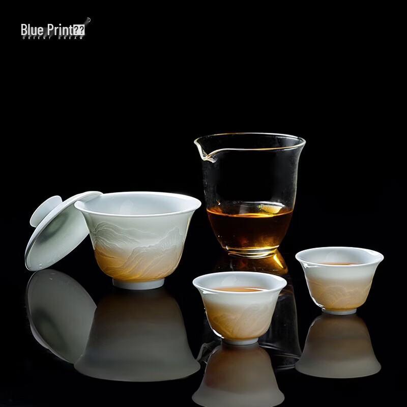 Jingdezhen Ceramic Relief Landscape Travel Gaiwan Tea Set