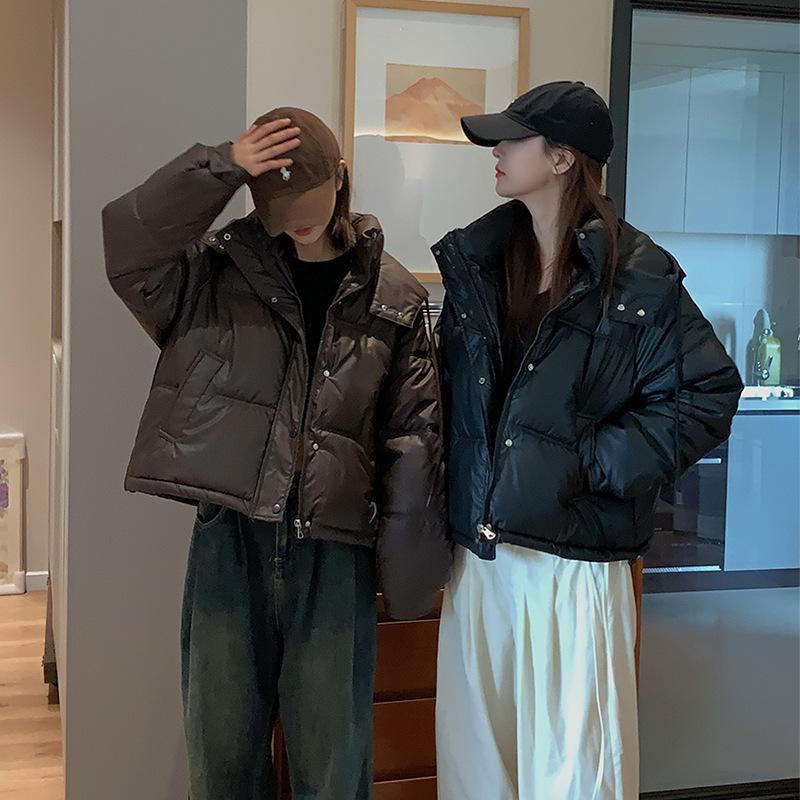 PU leather down cotton jacket women's 2025 autumn/winter short loose slimming thickened bread jacket cotton jacket