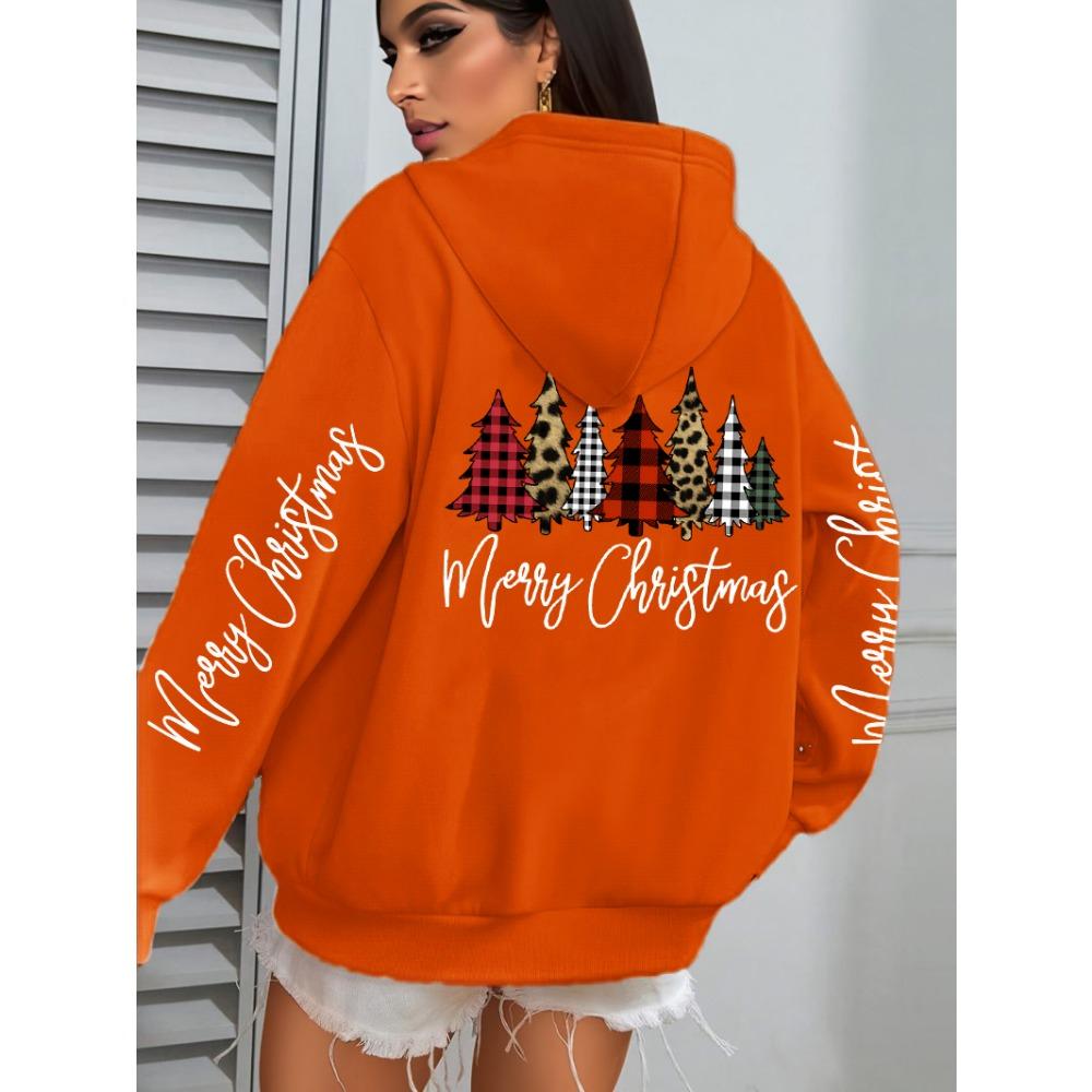 Merry Christmas Leopard Plaid Trees Prints Women Hoodies Loose Hoody All-Match Pocket Pullovers Autumn Hip Hop Streetwear