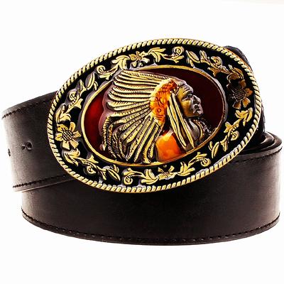 Native American Indian Man Tribe Myth Metal Buckle Leather Belt Man Women Jeans Waistband Daily Wear Street Casual Trouser