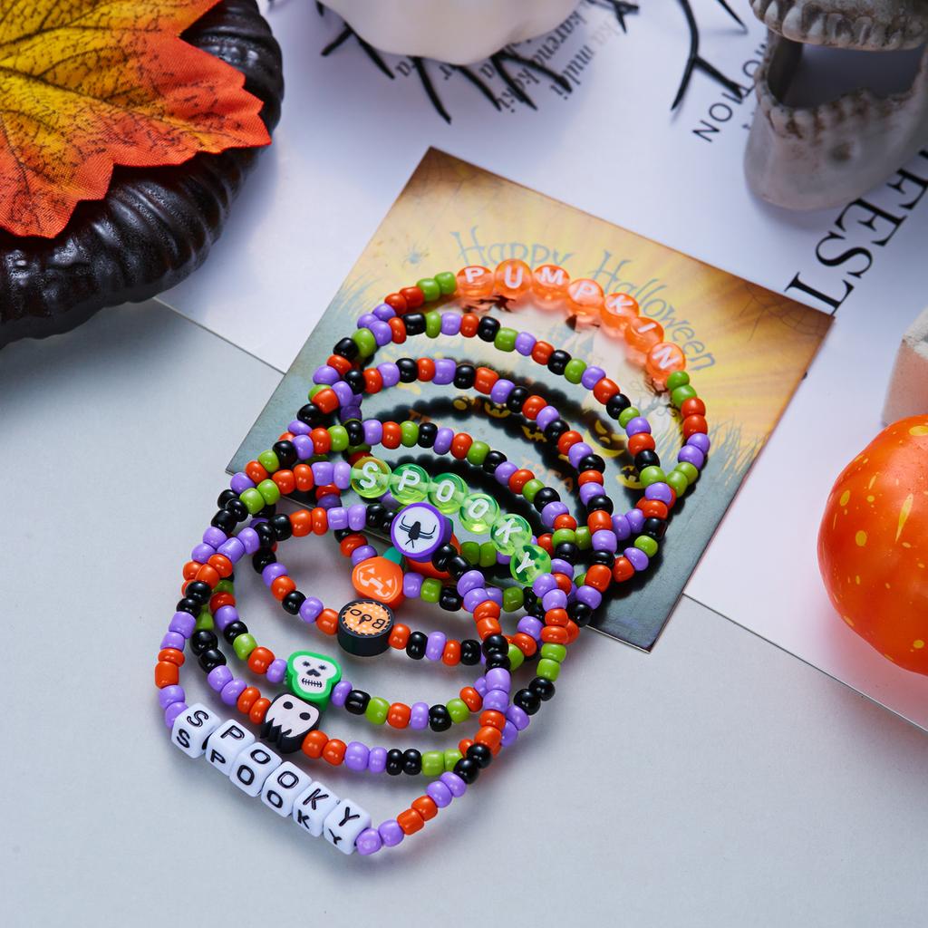 Halloween Spider Bat Multi-layer Stacked Bracelets Set for Women Pumpkin Boo Rice Beaded Bracelets Party Festival Jewelry Gifts