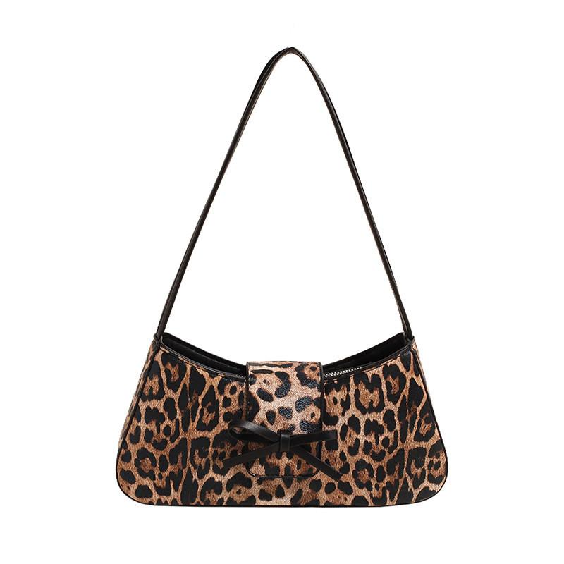 Ielgy Bow Leopard Print Bag Fashionable Unique Portable One-Shoulder Underarm Baguette Bag