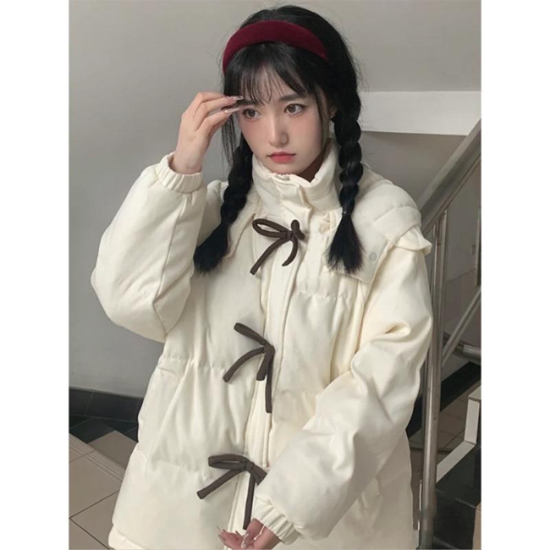 Bow white down jacket women's winter new sweet loose college style thickened cotton jacket small trendy