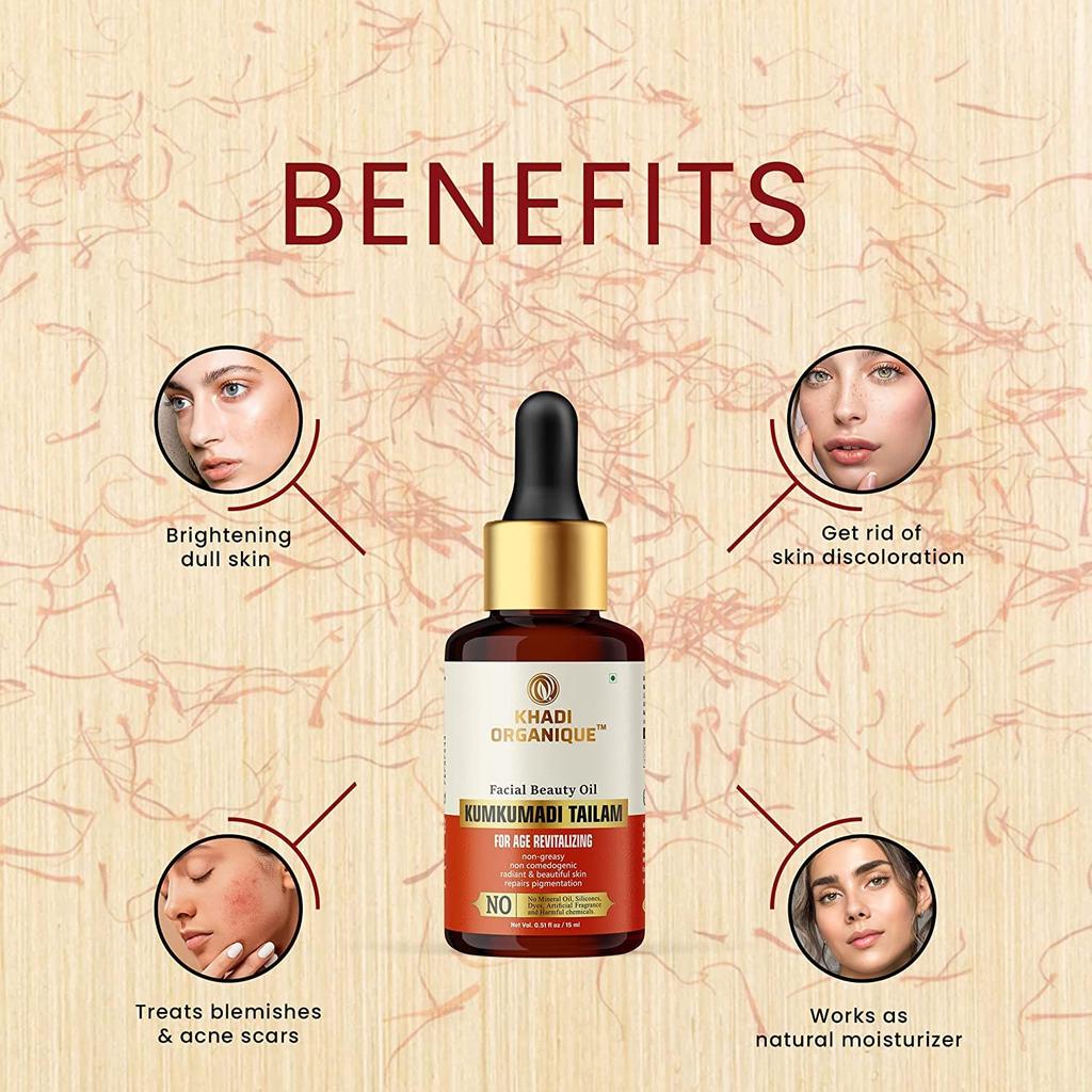 Khadi Organique Kumkumadi Tailam Face Oil for Brightening, Moisturizing & Glowing Skin | Facial Oil for Acne, Pimples & Blackheads | Suitable for M