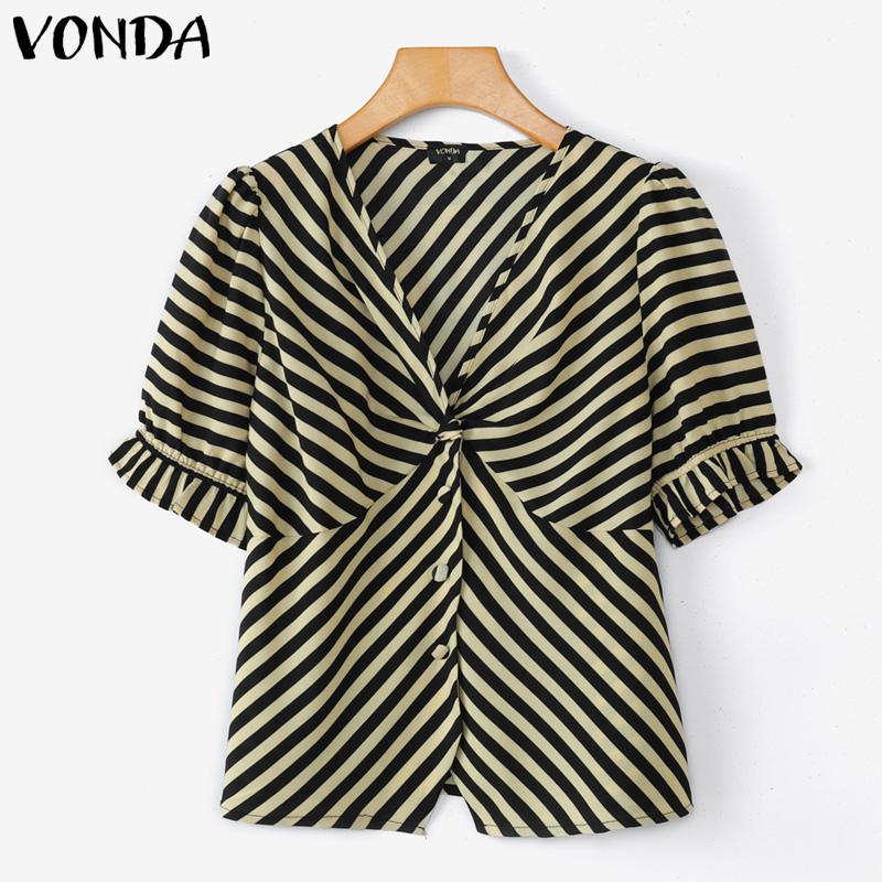 VONDA Summer Women Short Puff Sleeve Twisted Striped Casual Blouse