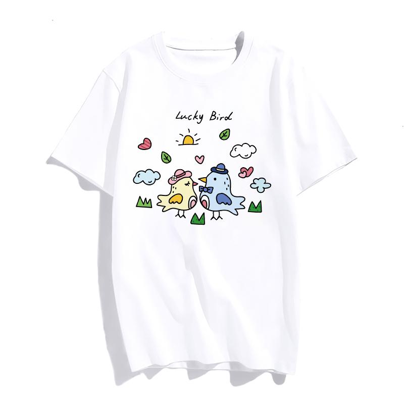 

Korean Style Woman Tshirts Women Summer Short Sleeve Lucky Bird Printed O-Neck Tops T Shirt Femme T-Shirts Literary Style XXXL білий