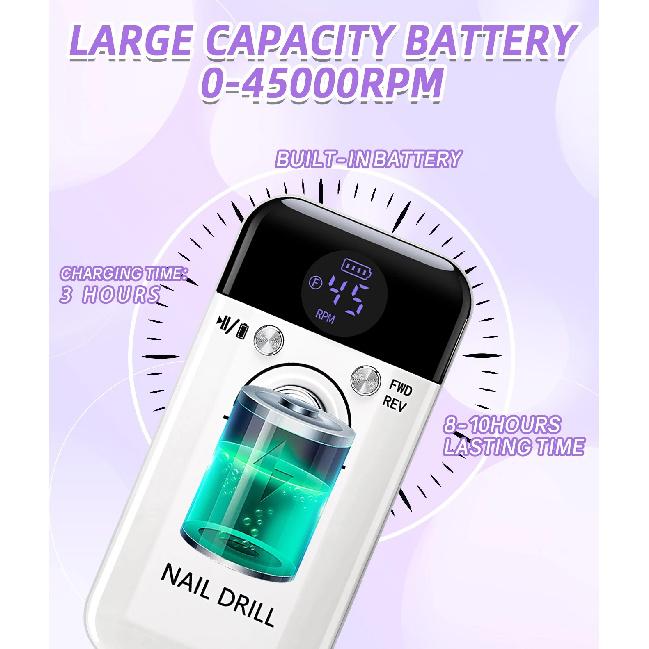 45000RPM Nail Drill Machine With Low Noise Portable Nail Drill Machine Rechargeable Nail Sander File For Manicure Salon Tool