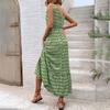 Women's Autumn Winter Temperament Lace Up Print Color High Waist Sleeveless Pleated Dress