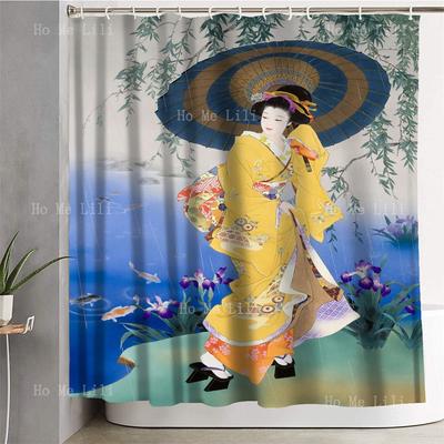Japanisch Traditionell Lustig Kirschblüten Schöner Kimono Geisha Mädchen Design Stoff Badezimmer Duschvorhang Heimdeko