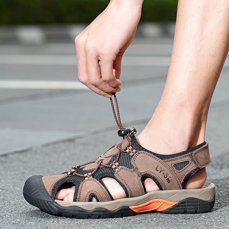 

Летние мужские прохладные тапочки большого размера, уличная пляжная обувь, сандалии с липучкой и закрытым носком, из натуральной кожи первого слоя, дышащие, повседневные 48