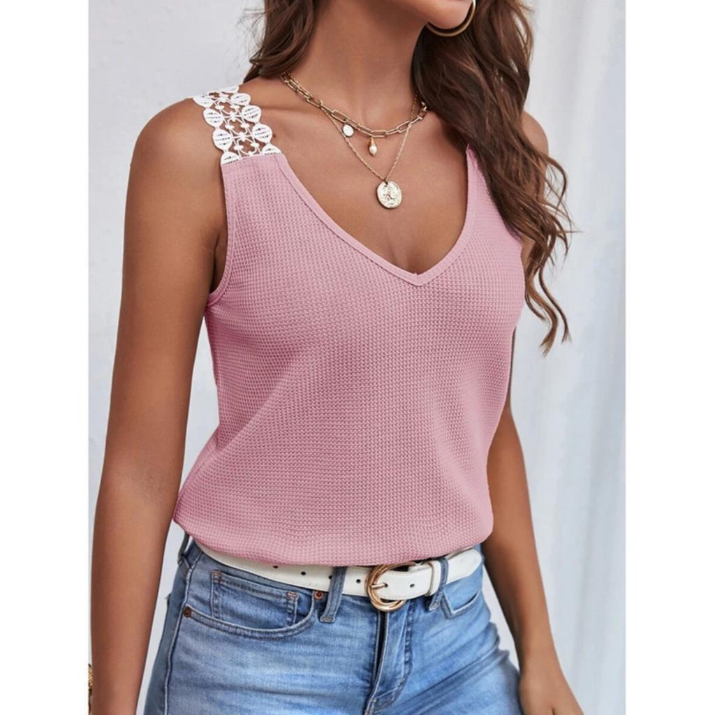 Women's New Solid Color Waffle Lace Splicing Casual Vest T-shirt Top For European American