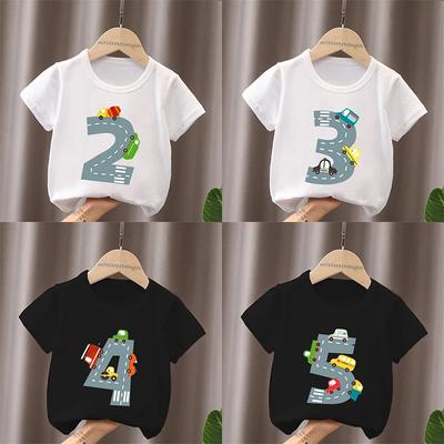 Different Car Print Birthday Number Bow Kids T Shirt Girls Clothes Funny Baby Boys Short Sleeve T-Shirts