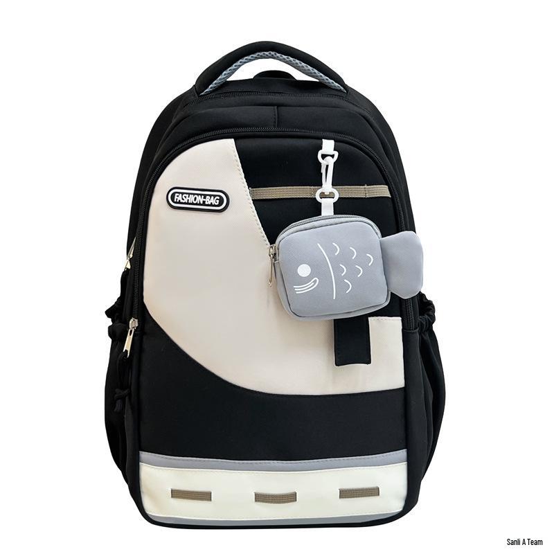 Large Capacity Color Block Student Backpack with Small Fish Pocket - Wear-Resistant Casual Design