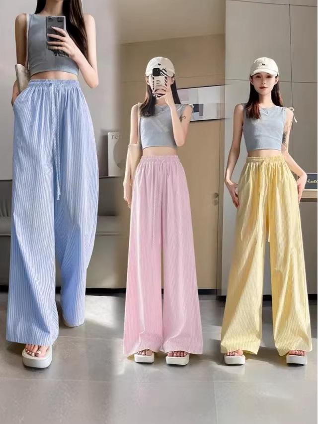 Cross-Border Vertical Stripe High-Waisted Wide-Leg Pants - Summer Straight Loose Casual Floor-Length Design.