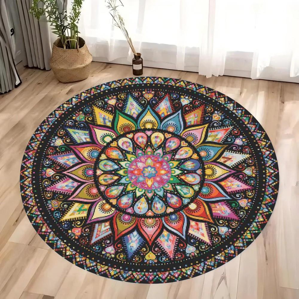 Colorful 3D Mandala Mystery Chakra Print Round Rug Meditation and Yoga Non-Slip Machine Washablefor Bedroom and Living Room